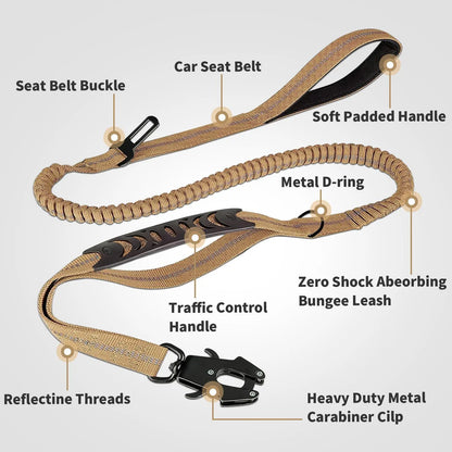 【Furlyn】Tactical Dog Leash Heavy Duty, 4-6FT Shock Absorbing Bungee Lead with 2 Padded Handle, Metal Carabiner Clip, Car Seatbelt, Strong No Pull Leash for Medium Large X-Large Dogs